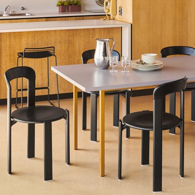 Two-Colour light grey wb lacquer valchromat tabletop_ochre powder coated steel_Rey Chair deep black wb lacquer beech_Indian Steel Pitcher No. 2.jpg